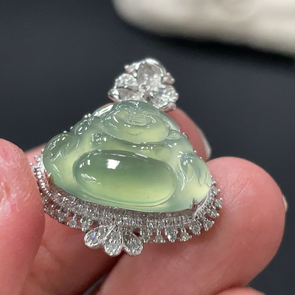 Jadeite Buddha Pendant Set in 18k Gold with Diamond Accents, Total Weight Approx. 4.08g