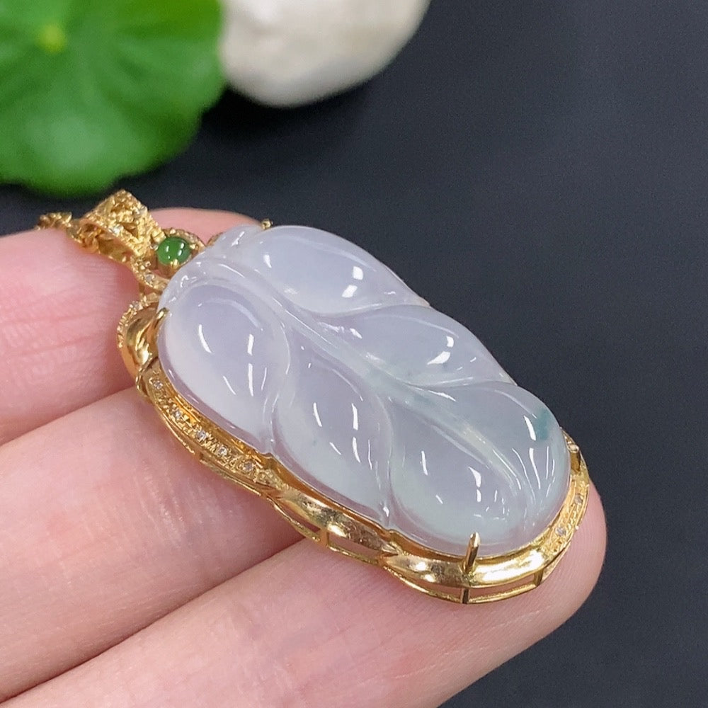 Jadeite Leaf Inlay Pendant 18K Gold with Diamond Accents