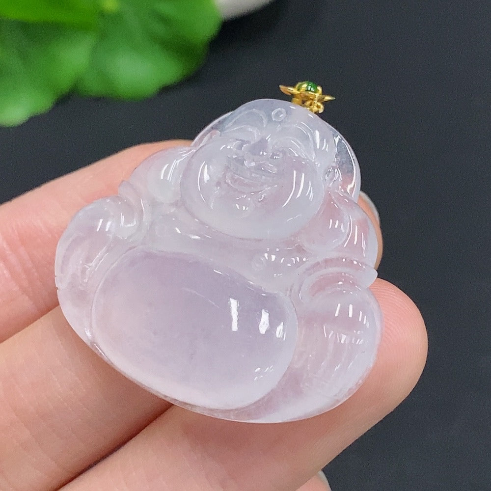 Jadeite Buddha pendant with 18k gold clasp, crafted from green jade, weighs approximately 10g, by HUILIU HQ.