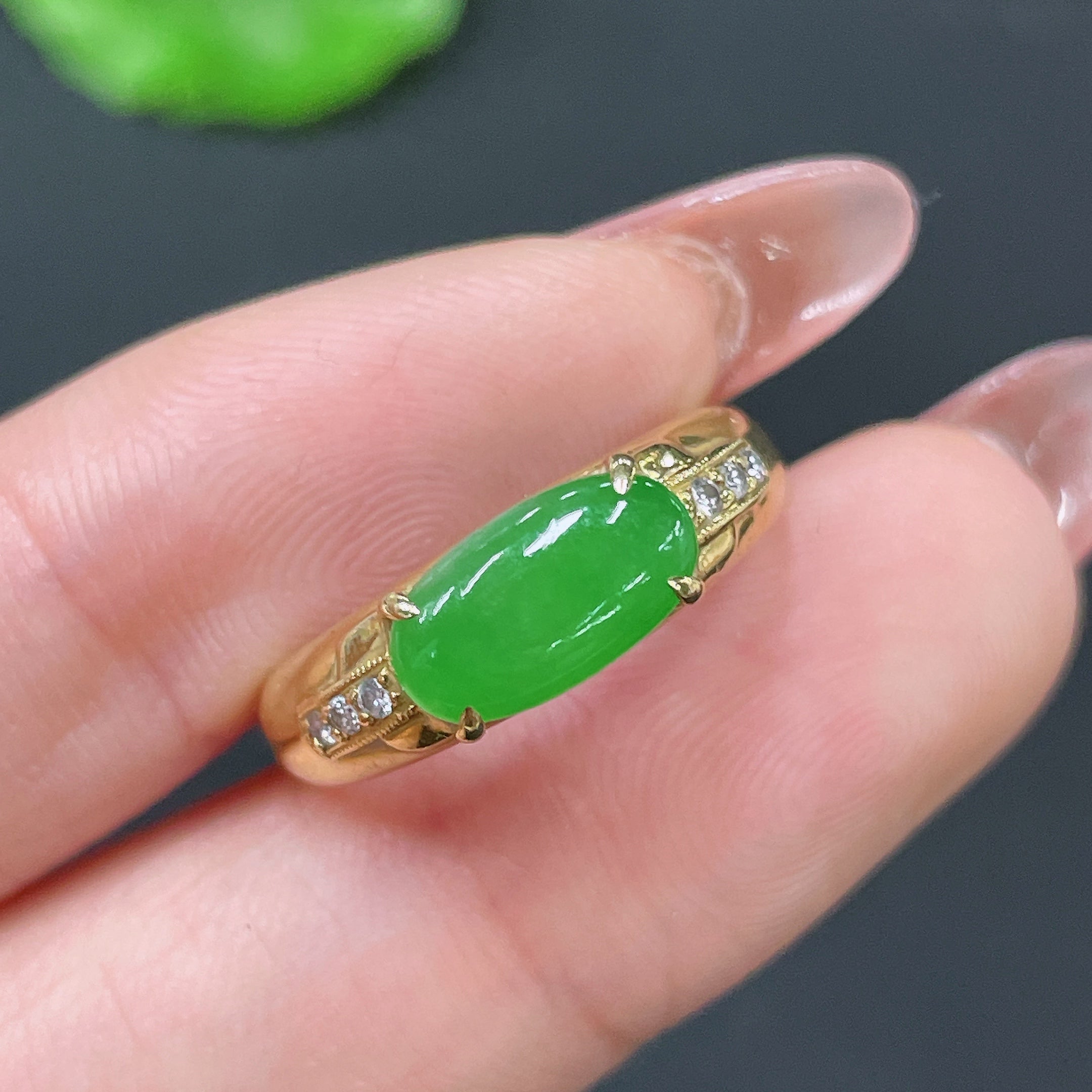 HUILIU HQ jadeite ring set in 18k gold with diamond accents, size 12, elegant jewelry with a polished jade appearance.