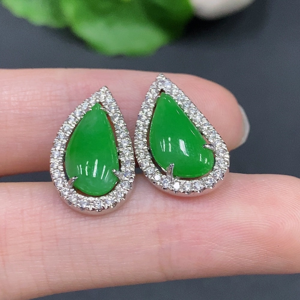 Jadeite Cabochon Stud Earrings . (Including Backs) | Huiliu Certified