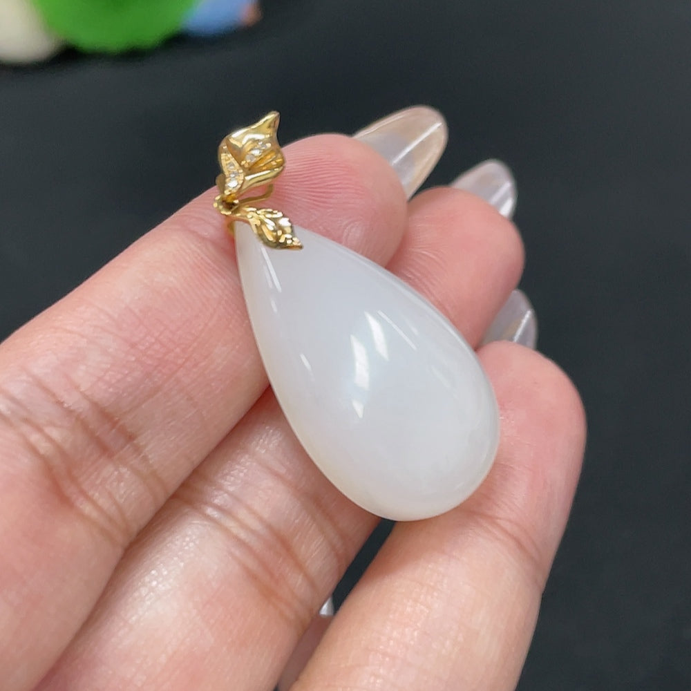 Hetian Jade Inlaid Pendant, Water Drop, ., with Diamond Accents | Huiliu Certified