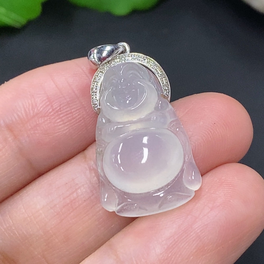 HUILIU HQ Jadeite Buddha pendant with diamond accents, intricately inlaid jade jewelry, showcasing detailed craftsmanship and elegant design.