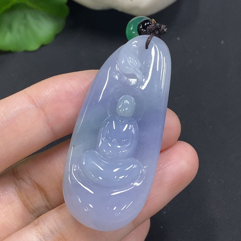 Jadeite Enlightenment Pendant with cord and non-A beads, showcasing smooth green jade pendant on black cord, weighs approximately 23.2g.