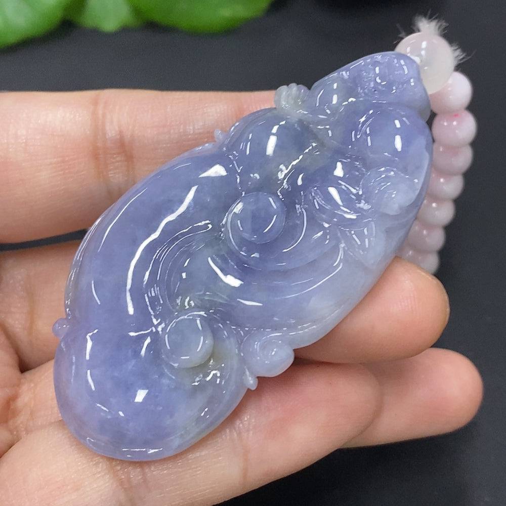 Huiliu certified jadeite Ruyi pendant with matching chain, intricate carved jade jewelry, traditional Chinese design.