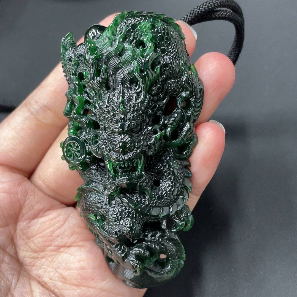 Huiliu Jadeite Dragon Pendant, intricately carved jade jewelry with detailed dragon design, Huiliu certified, on a plain background