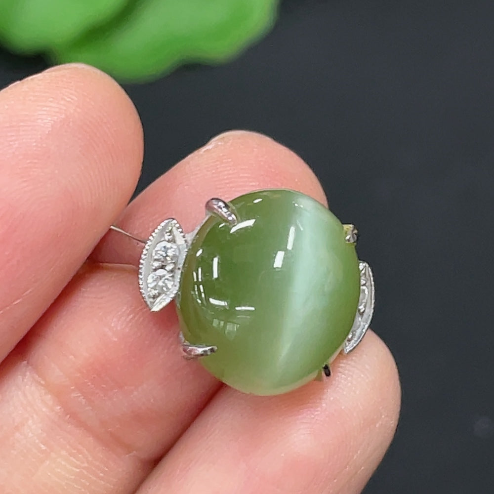 Hetian Jade Jasper Cabochon Inlaid Ring, 27% Gold Content, Accented with Diamonds