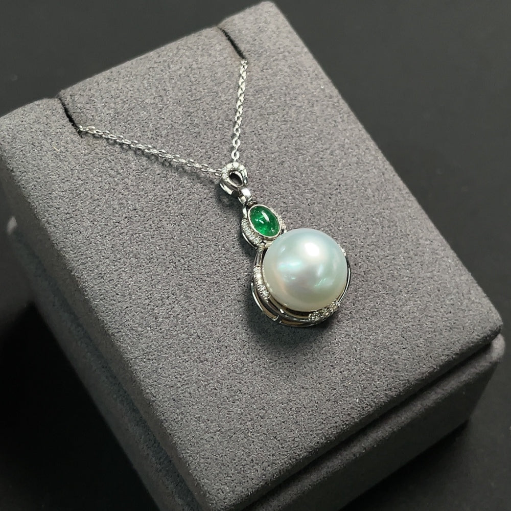 Seawater Pearl Pendant with Emerald, Clarity Enhanced, Accented with Diamonds, 18K Gold Pendant, Non-Gold Other Components, Size About 12.5mm