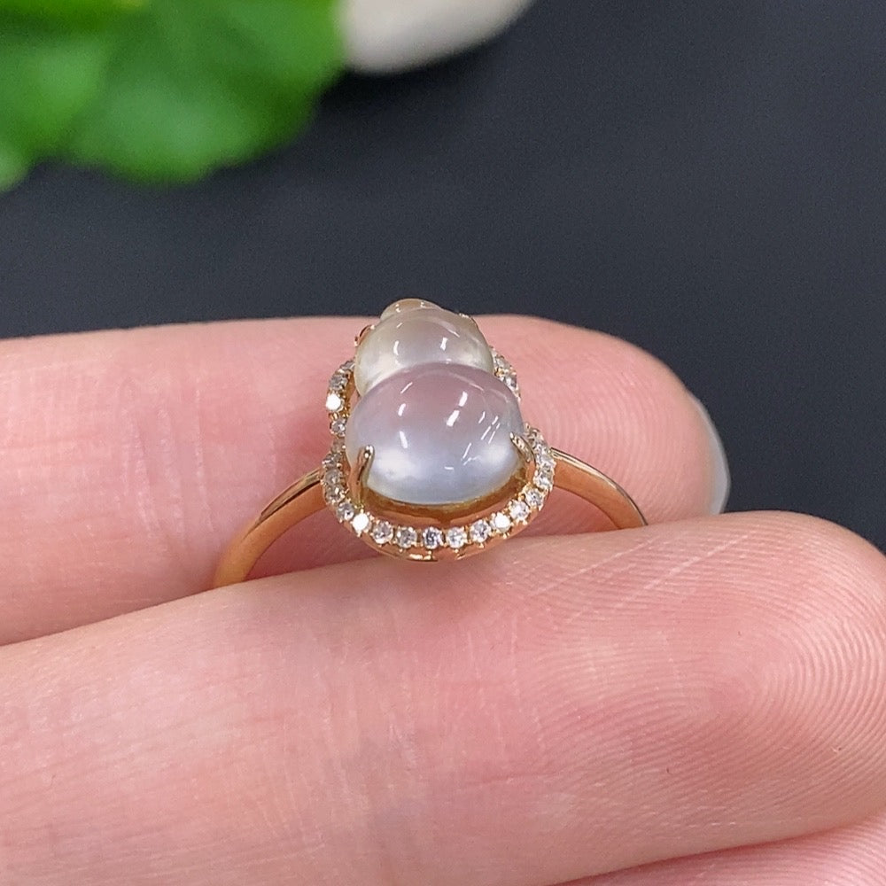 Jadeite Gourd Inlay Ring . With Diamond Accents | Huiliu Certified