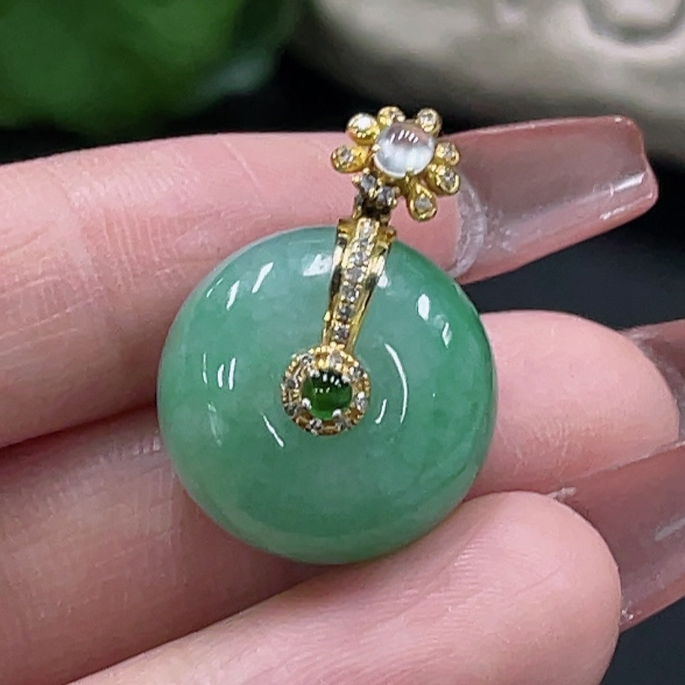 JadeitePeace Button Pendant with 18K Gold and Diamond Accents, Total Weight Approx. 8.99g