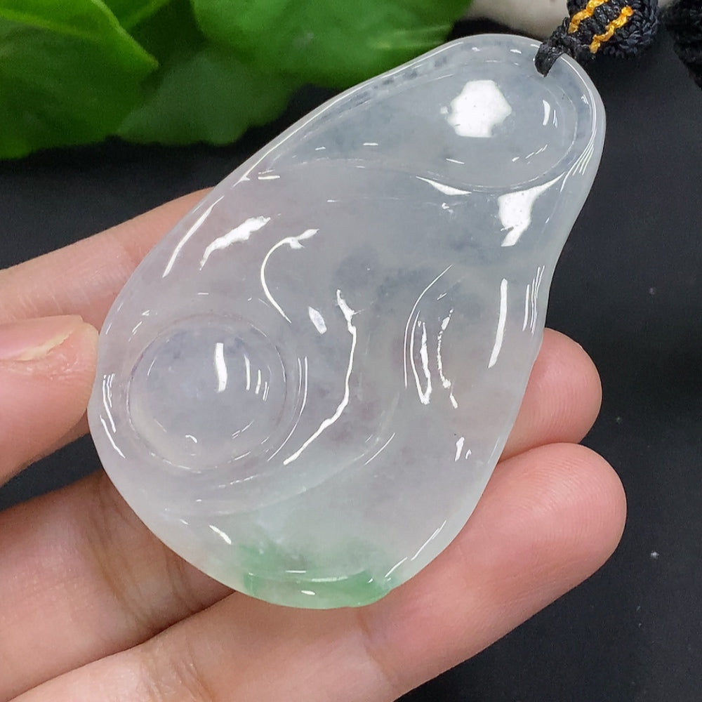 Huiliu Jadeite Flower of Wealth and Honor pendant with intricate carved floral design, included with a sturdy rope chain.