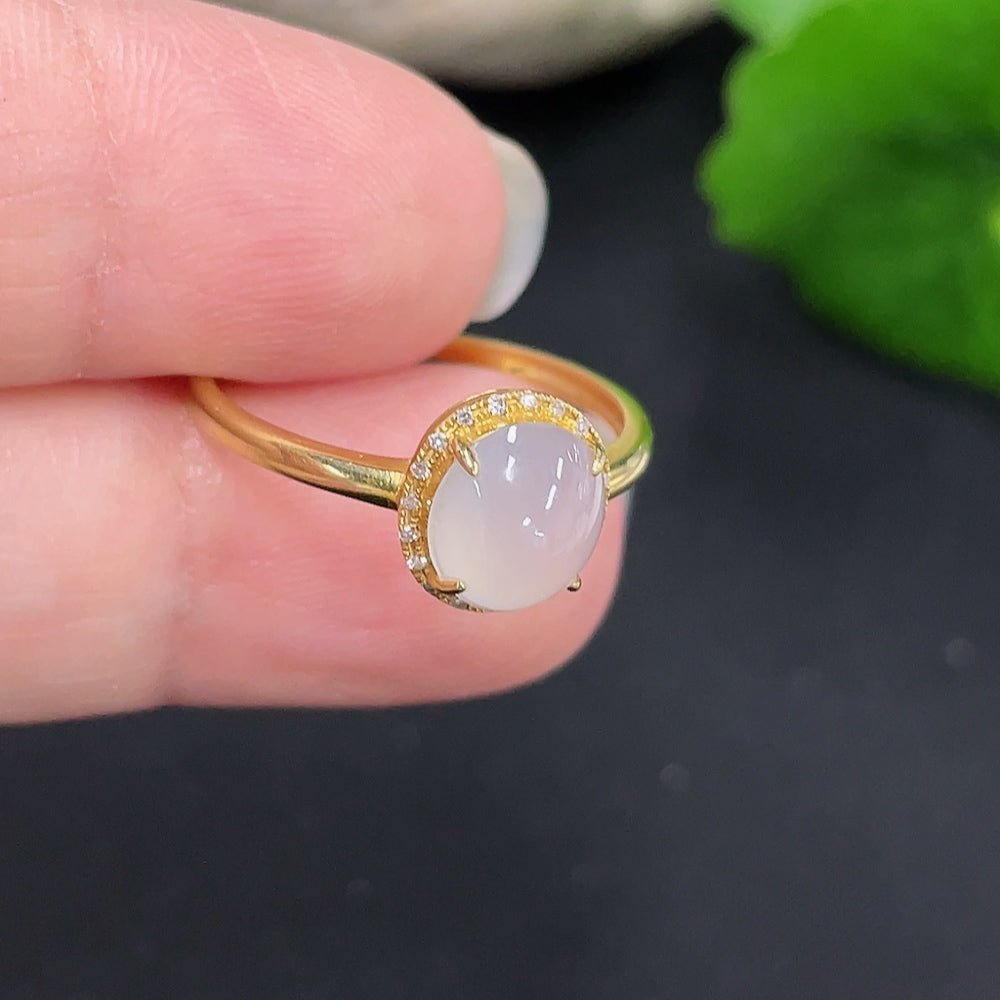 Jadeite Cabochon Ring with 18K Gold Size 14 Total Weight Approx. 1.2g (Accented with Diamonds)
