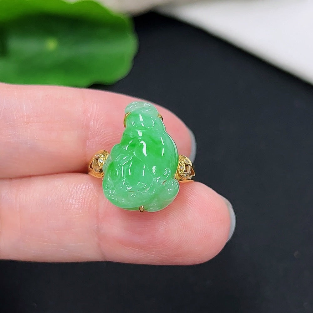 Jadeite Inlaid Ring 18k with Diamond Size 14 Total Weight Approx. 4.1g
