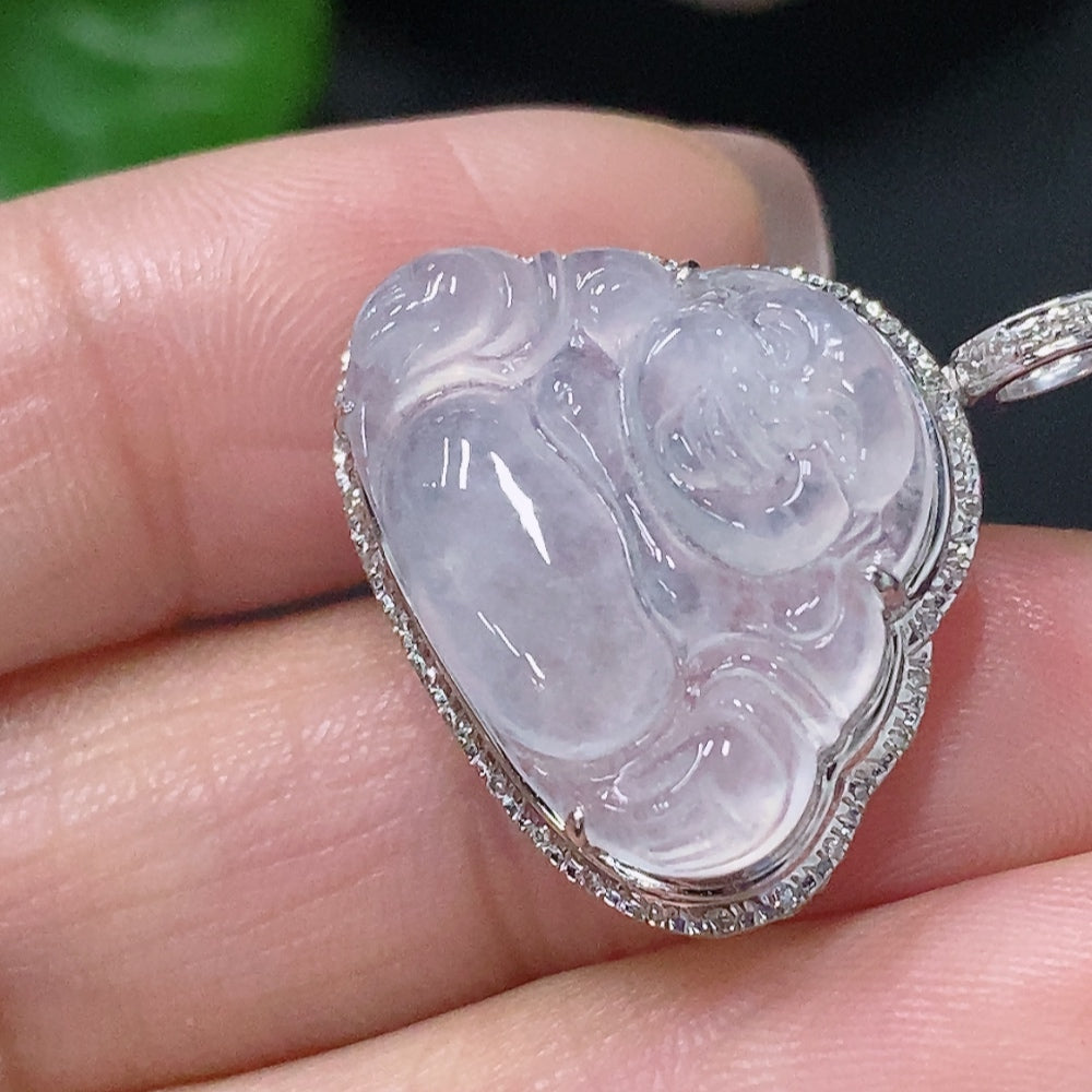 Jadeite Buddha Pendant with 18k Gold and Diamond Accents, Total Weight Approximately 3.34g