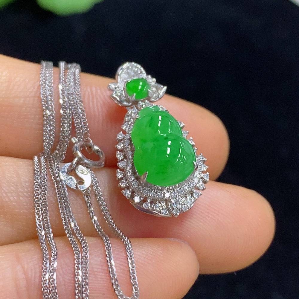 HUILIU HQ jadeite gourd pendant with diamond accents on chain, featuring intricate inlaid jade craftsmanship.