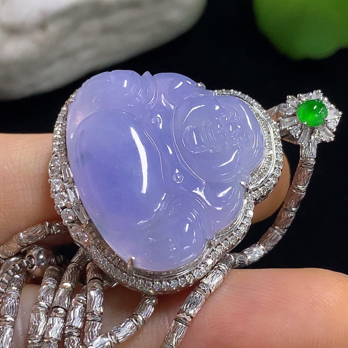 Jadeite Buddha pendant necklace by HKHQ featuring 18K gold and diamond accents, crafted with a detailed Buddha figure.