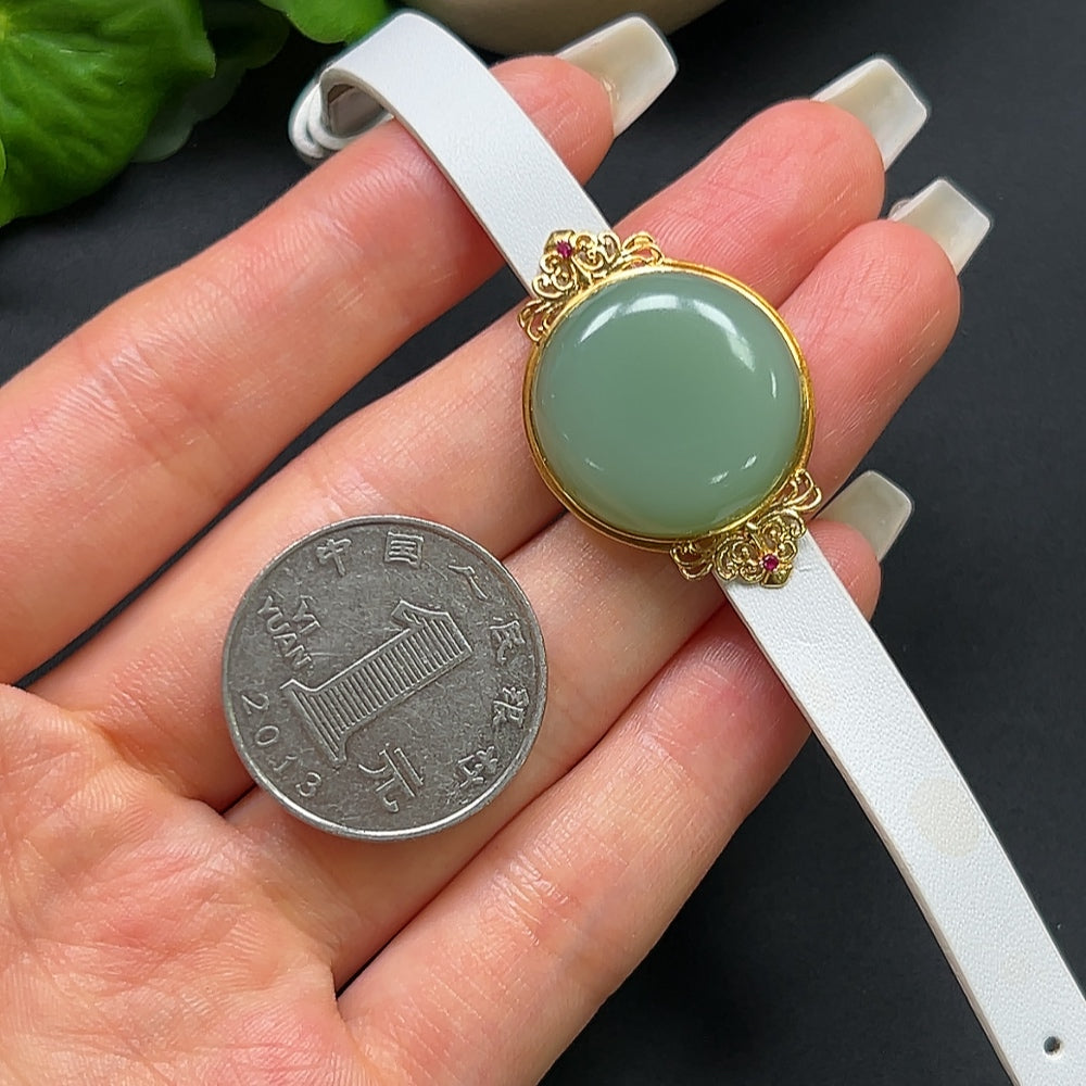 Hetian Jade Cabochon Bracelet 18K Gold with Leather Wristband