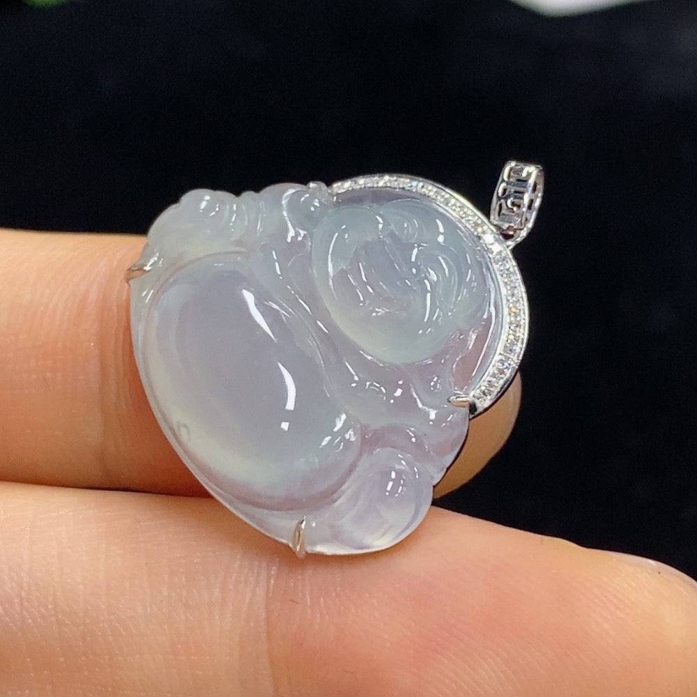 Huiliu Jadeite Buddha pendant with diamond accents, showcasing intricate craftsmanship and vibrant green jade, certified by Huiliu HQ.