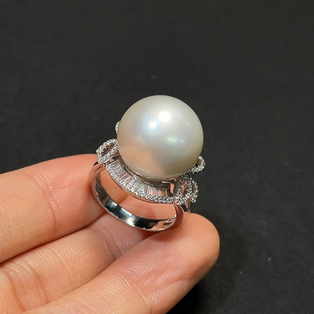 HKHQ seawater pearl ring in 14K gold with a 15mm pearl, non-diamond design, displayed on a neutral background.