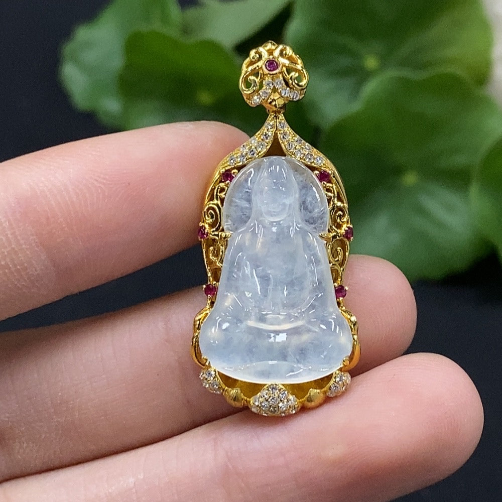 Jadeite Guanyin Inlaid Pendant No Stamp, 18K Gold Content Tested, Set with Colorless Diamonds, Total Weight Approximately 4.74g