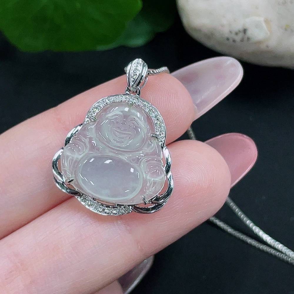 Huiliu Jadeite Buddha pendant with diamond accents, showcasing detailed craftsmanship and vibrant green jade, excluding chain.