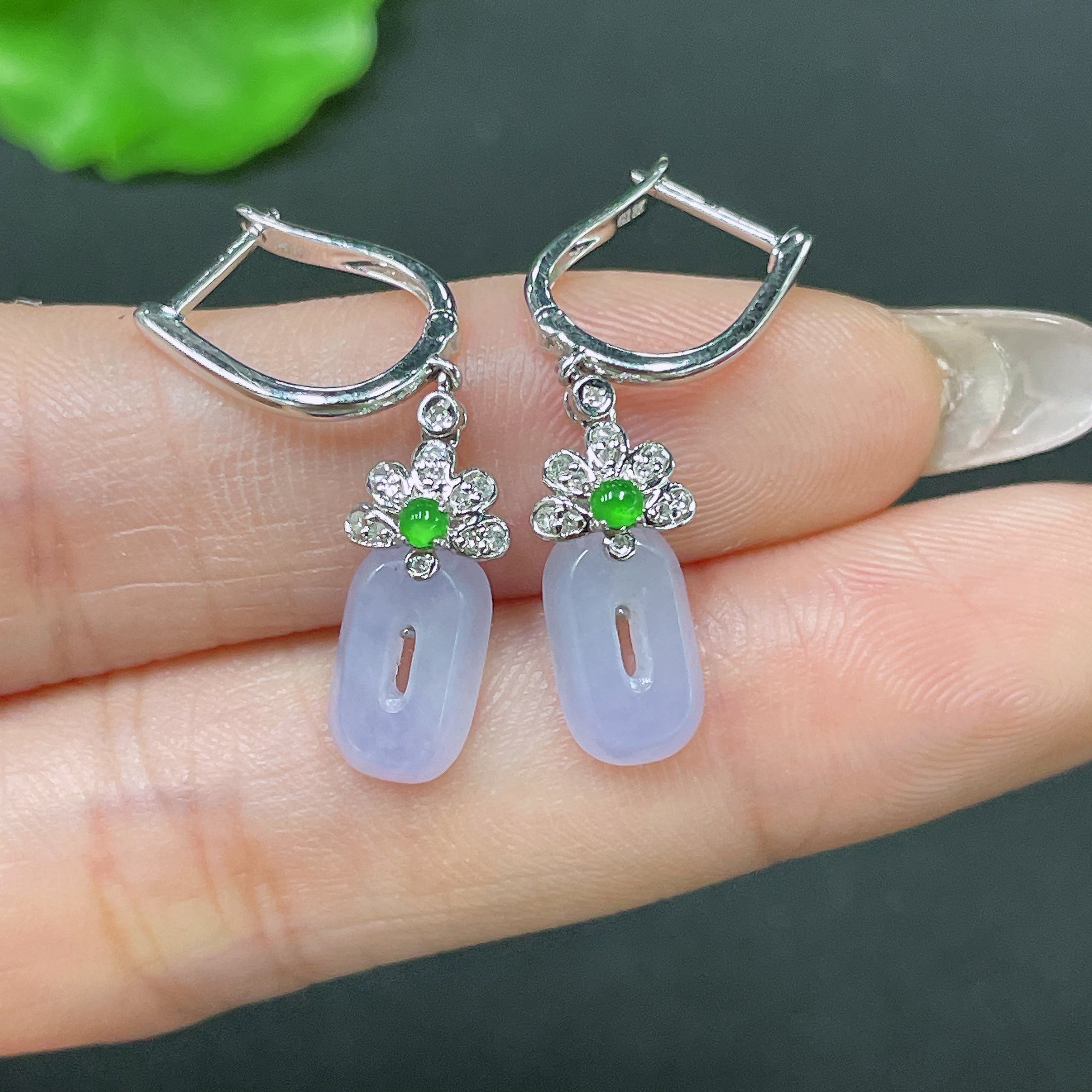 Jadeite Earrings No Hallmark Tested 18K Gold Total Weight Approx. 2.88g With Diamond Accents