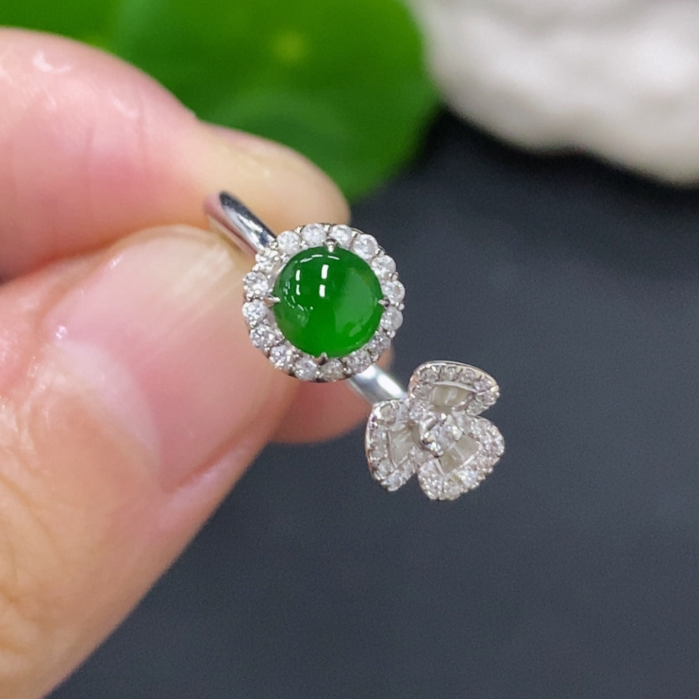 HKHQ jadeite cabochon inlaid ring with diamond accents, 18K gold, adjustable size, showcasing intricate design and elegant craftsmanship.