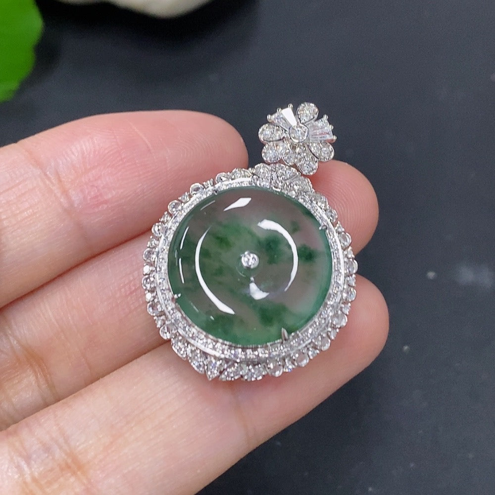 Jadeite Inlaid Peace Pendant with 18k Gold and Diamond Accents