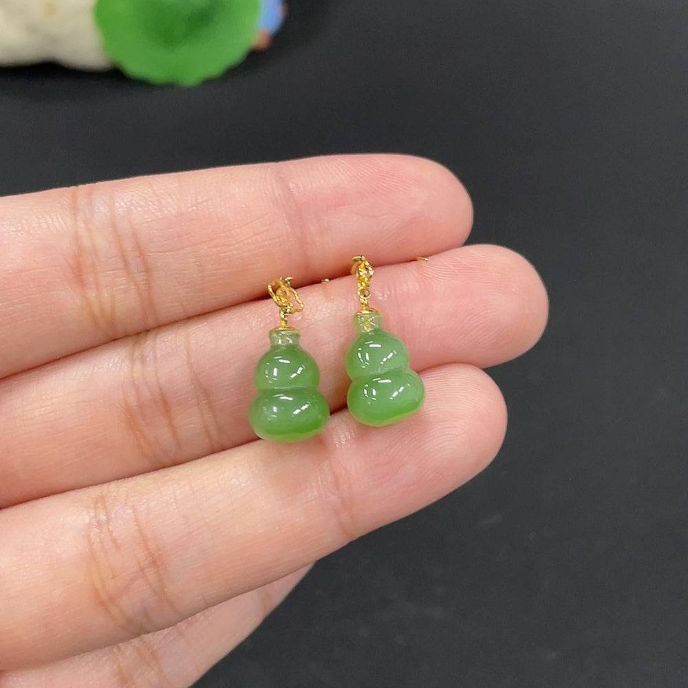 Huiliu certified Hetian jade inlaid earrings featuring carved gourd designs, natural jade color, with no stamp content.