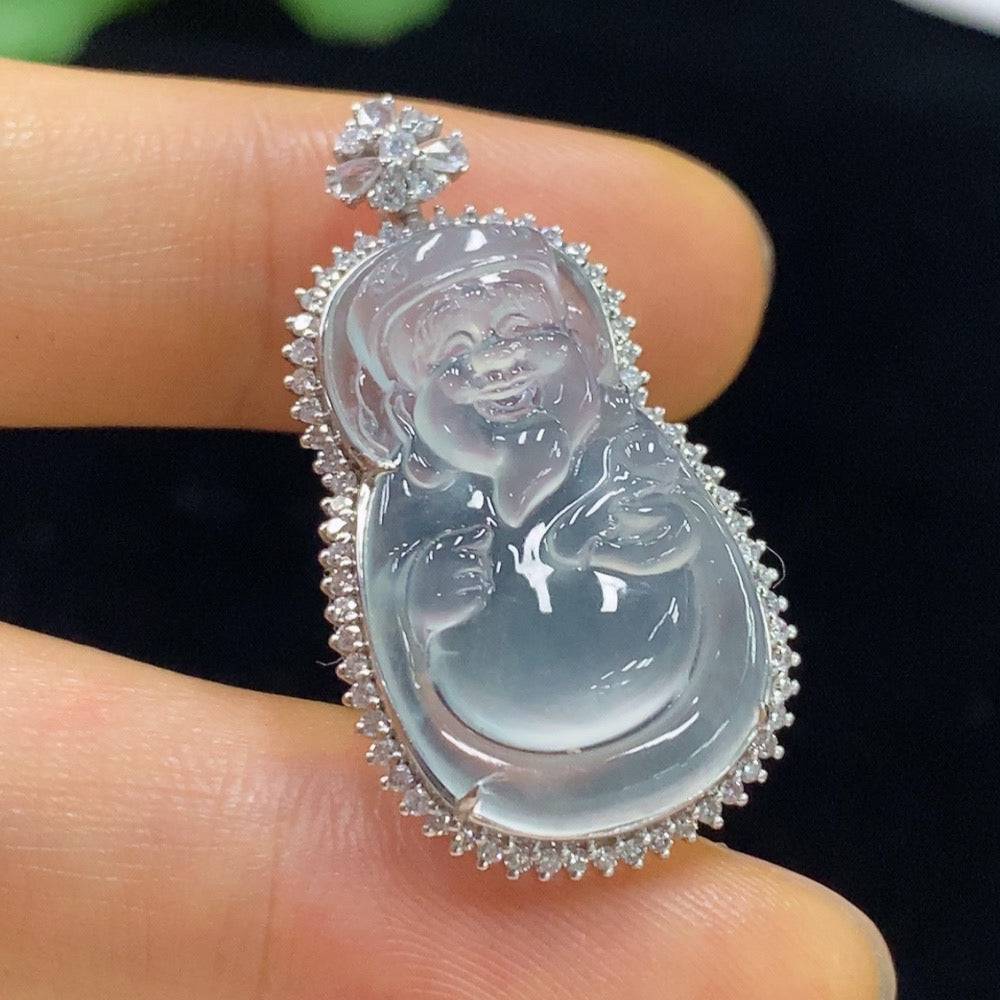 Jadeite Maitreya pendant with inlaid diamonds, 18k gold setting, featuring intricate craftsmanship and the HUILIU HQ brand.