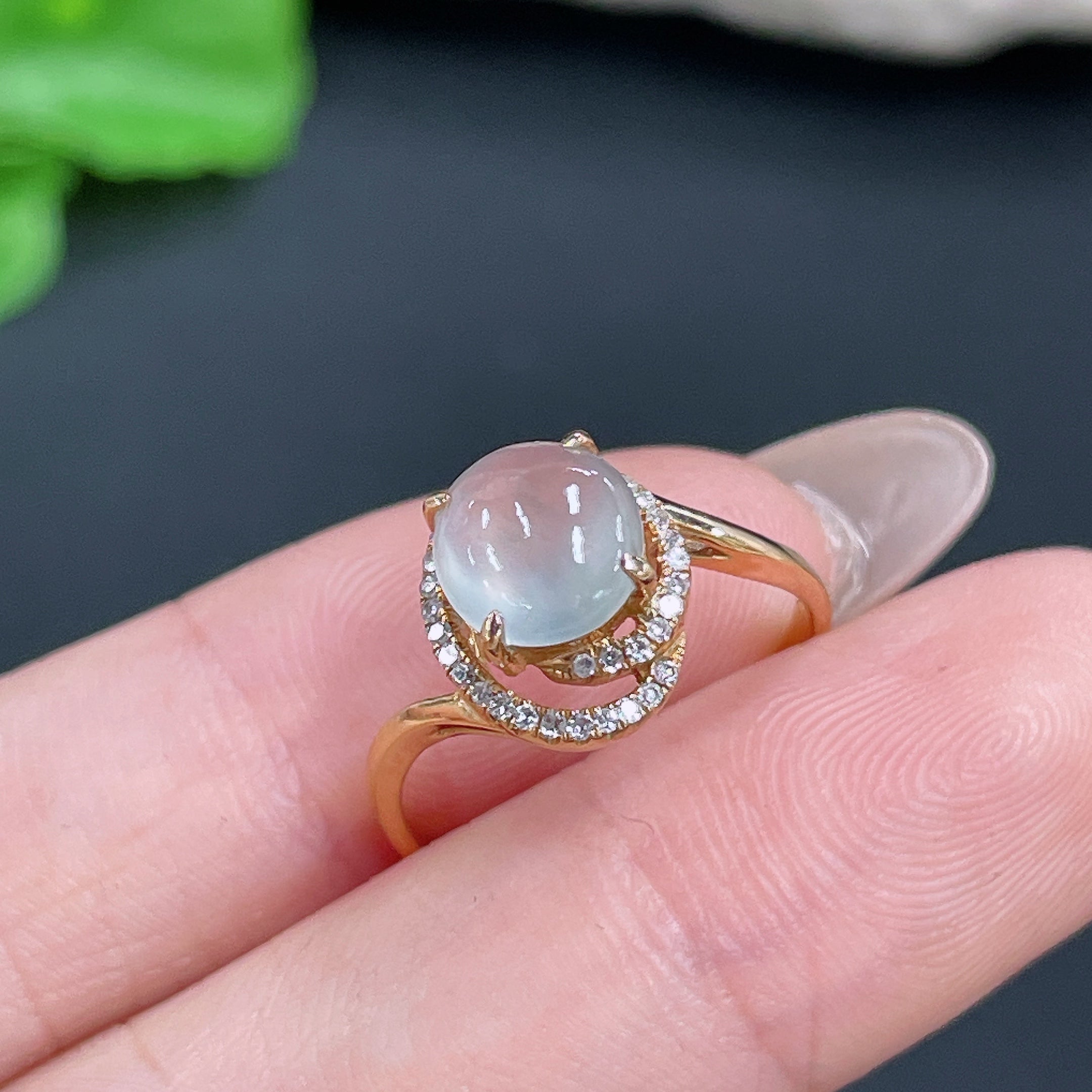 Jadeite Ring 18k Gold Setting with Diamond Accent, Total Weight Approx. 2.3g, Size 12