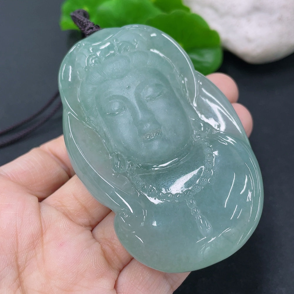 Jadeite Guanyin Pendant, Total Weight Including Rope Approximately 97.1g