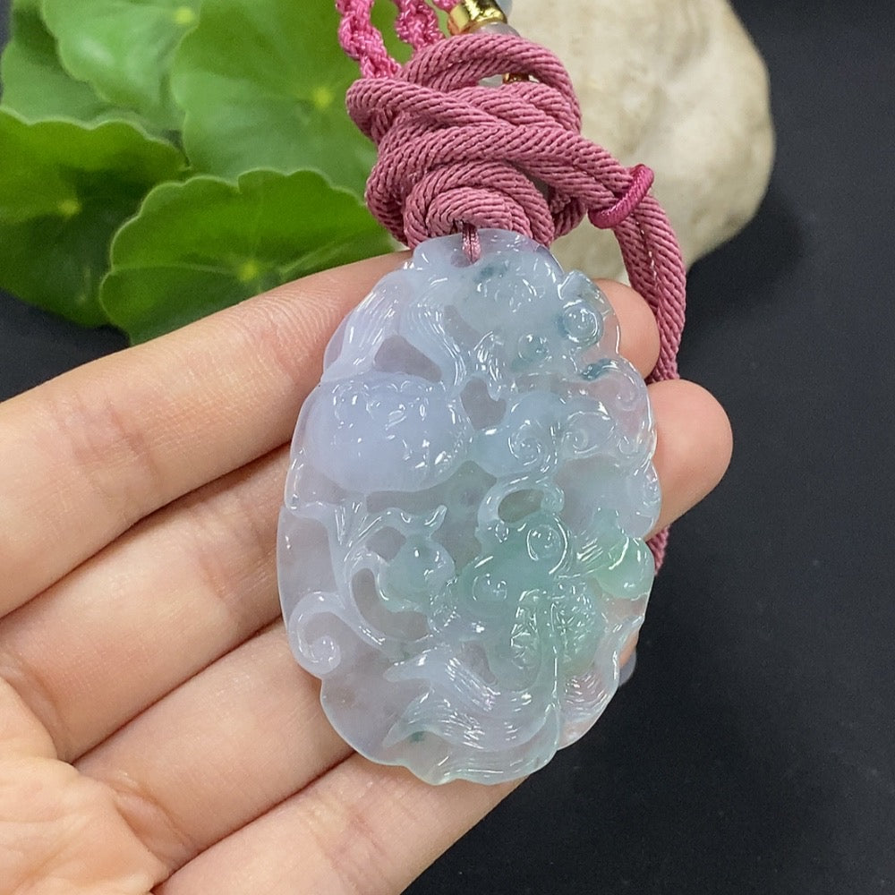 Jadeite Fish Pendant with Auspicious Symbolism . with Non-Grade A Beads | Huiliu Certified
