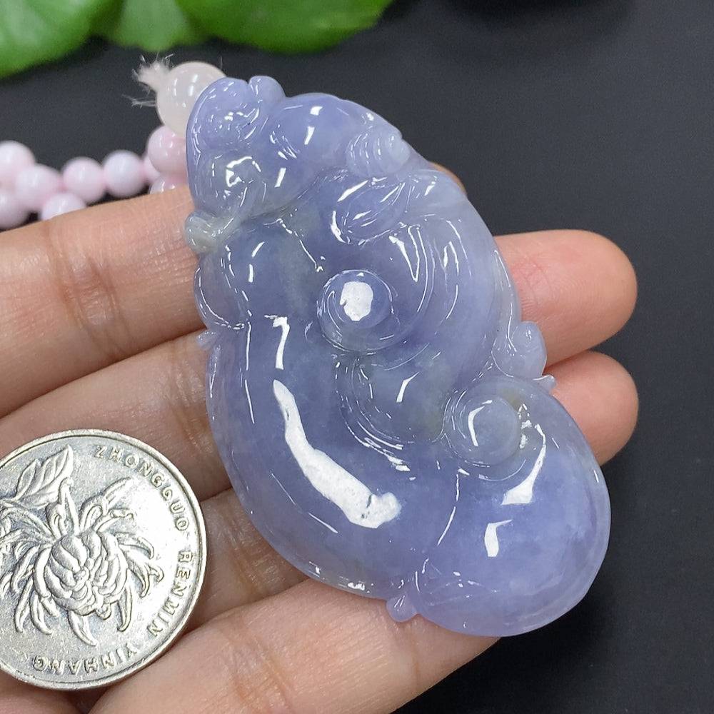 Huiliu certified jadeite Ruyi pendant with chain, showcasing smooth, polished green jade with intricate carved details.