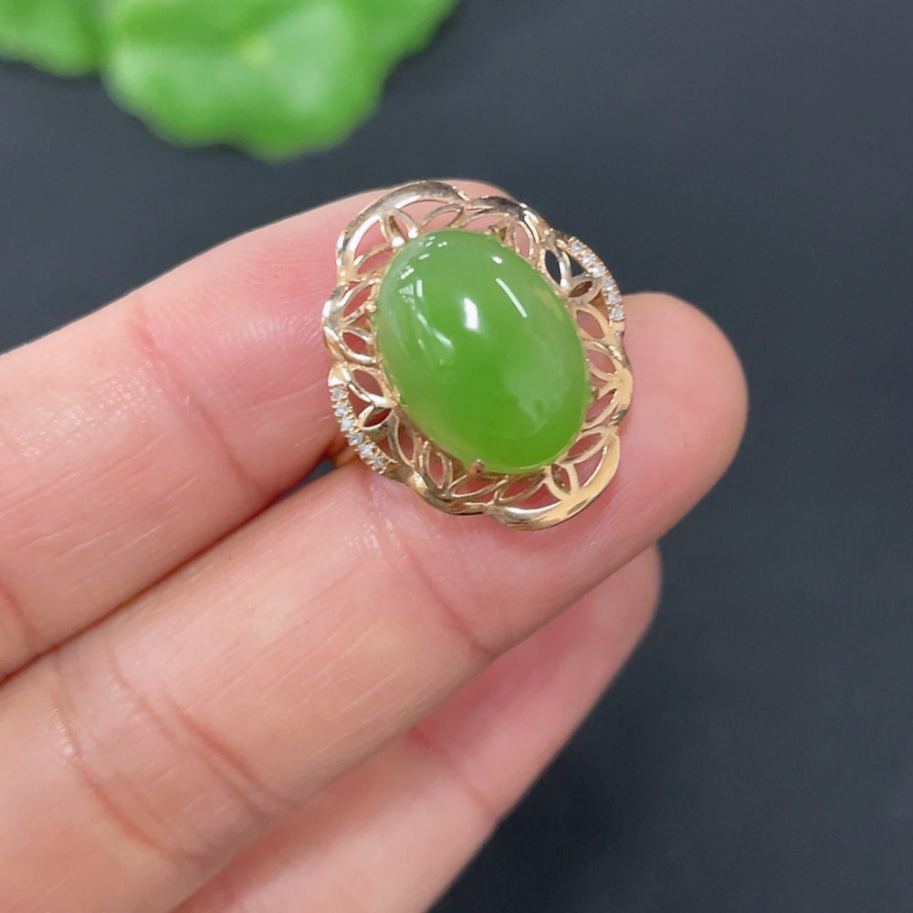 Hetian Jade Jasper inlaid ring by HUILIU HQ featuring gold, diamond accents, size 14, with intricate jade and gold design.
