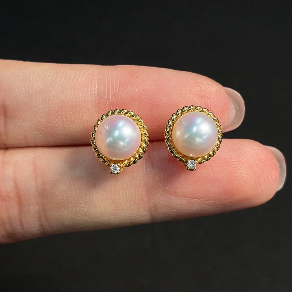Pearl Earrings Set in 18K Gold, Approximately 7.6mm, Accented with Diamonds