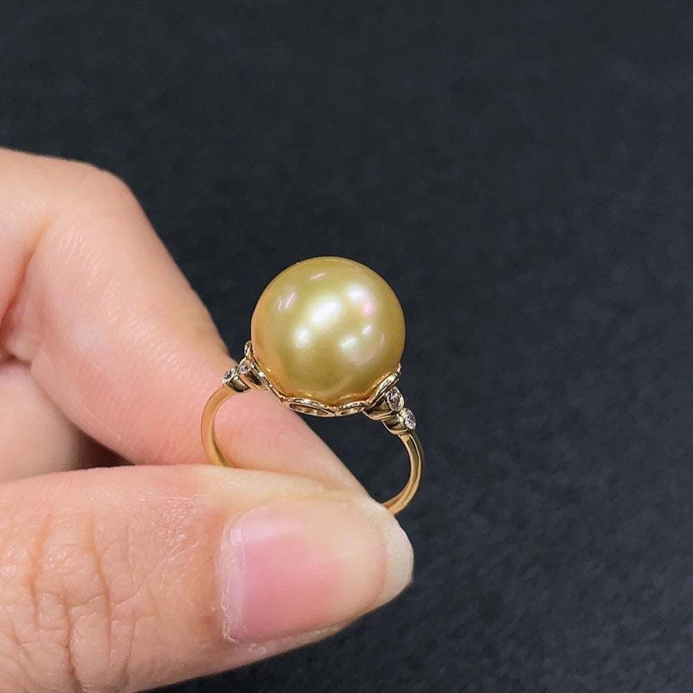HUILIU HQ seawater pearl ring with undetermined color, 11.2mm pearl, gold content Au58%, size 13, total weight 3.61g.