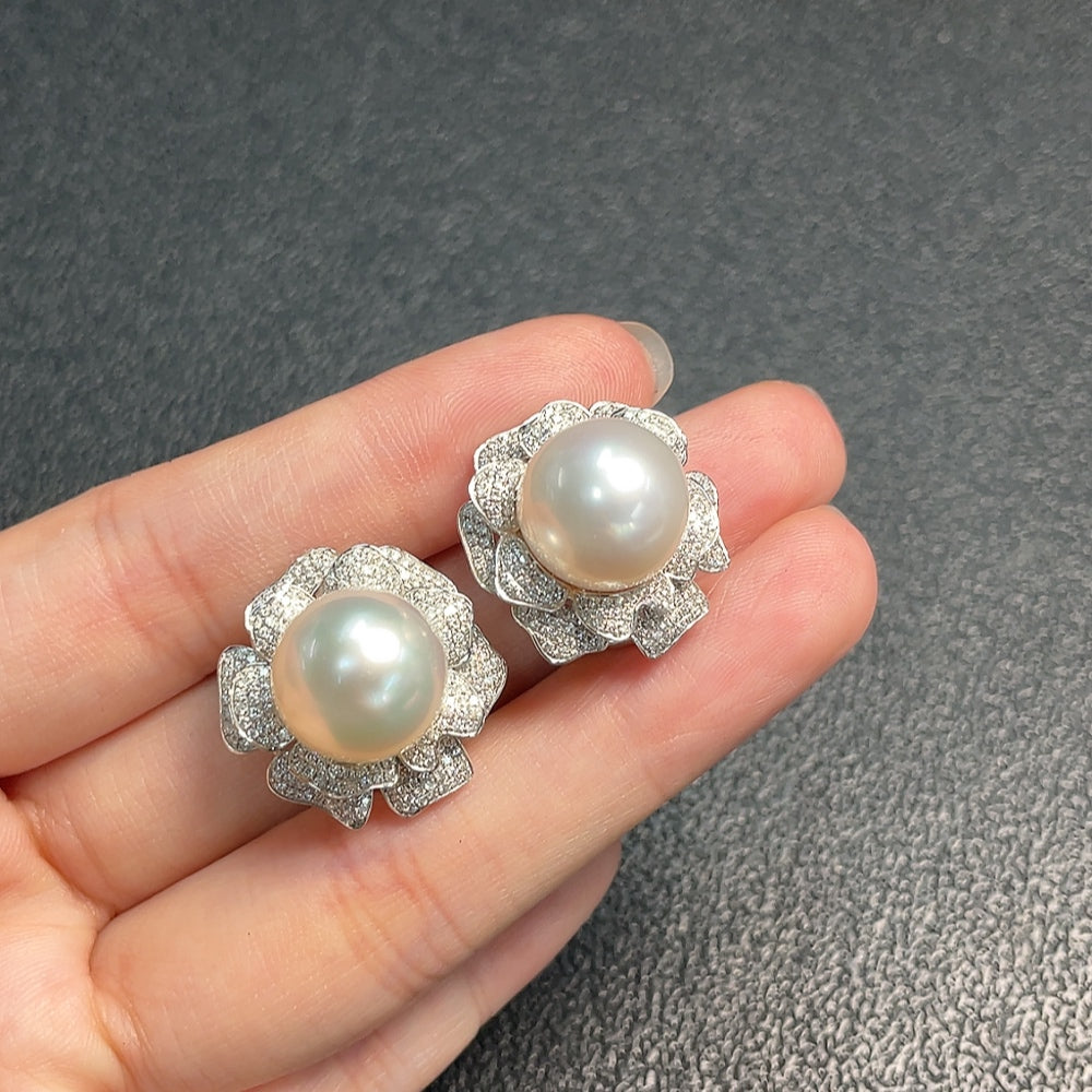 18K Seawater Pearl Earrings with Diamond Accents, Total Weight Approximately 14.04g, Pearl Size About 12.6mm