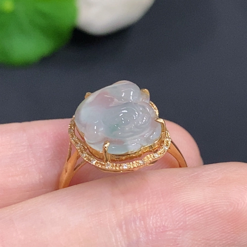 Jadeite Three-Legged Toad Ring in 18K Gold with Diamond Accents