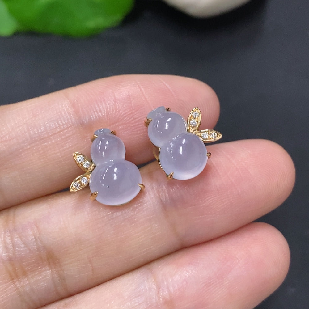 Jadeite Gourd Inlaid Earrings 18K Gold Total Weight Approximately 3.1g Without Ear Backs (Accented with Diamonds)