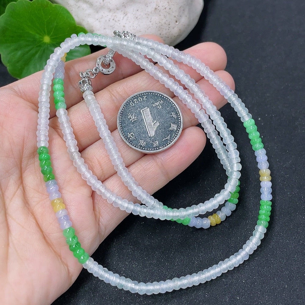HKHQ jadeite bead necklace with 3.7mm beads, featuring smooth green jade stones on a string, weighing approximately 18.1g