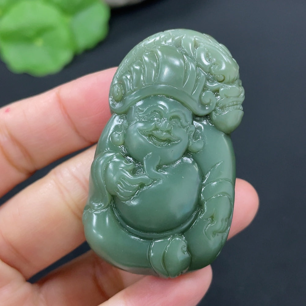 Huiliu certified Hetian jade pendant featuring the God of Wealth, carved in smooth jade with intricate details.