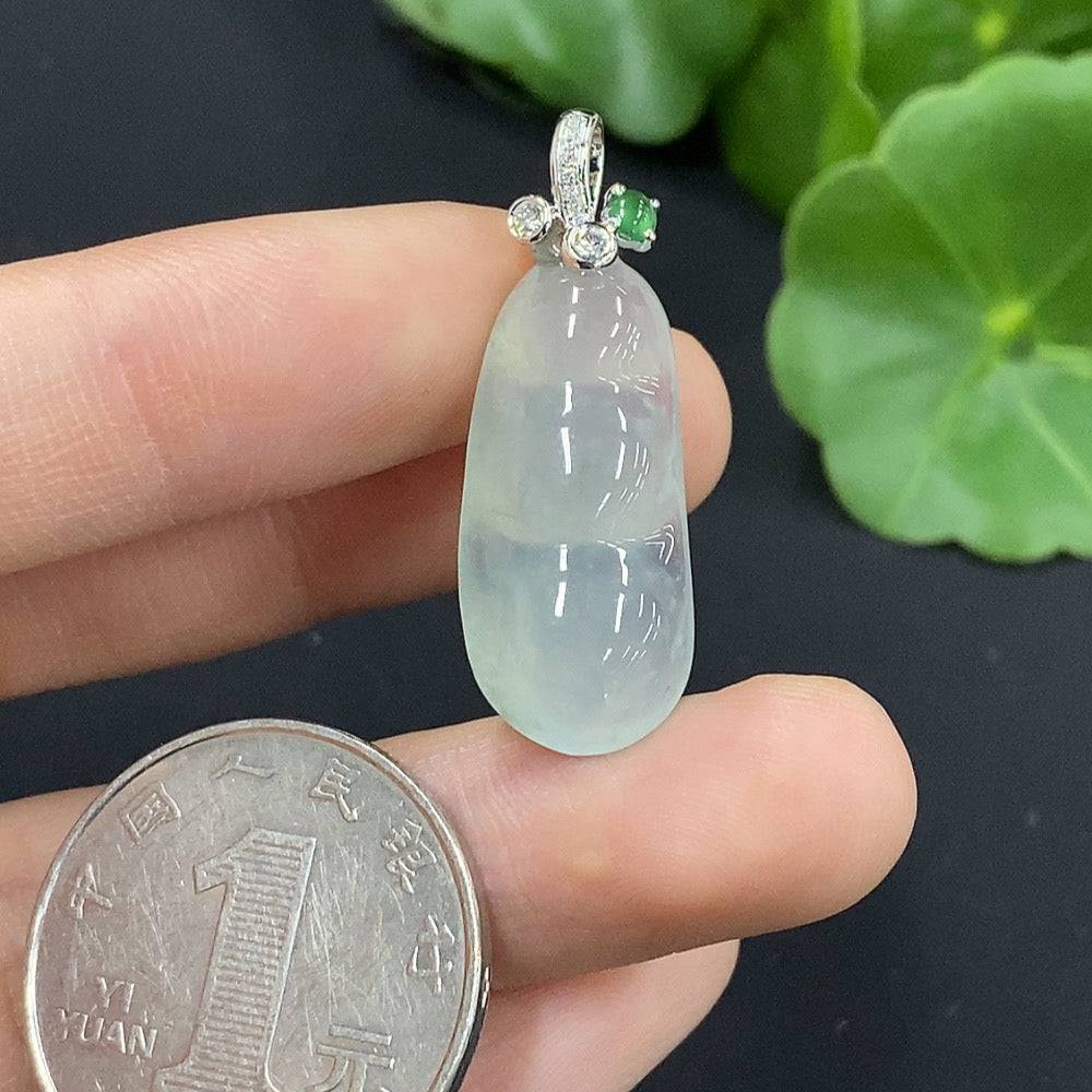 Huiliu Jadeite Lucky Bean pendant with diamond accents, polished green jade jewelry, detailed close-up of pendant design.
