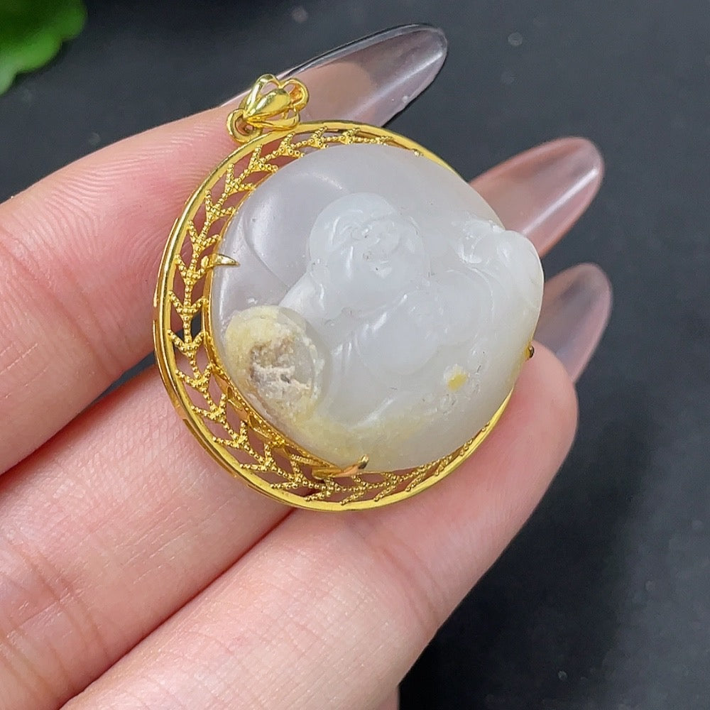 Hetian Jade Pendant - Buddha Figure, Undetermined Skin Color Origin, Contains Other Mineral Components, Total Weight Approximately 11.3g