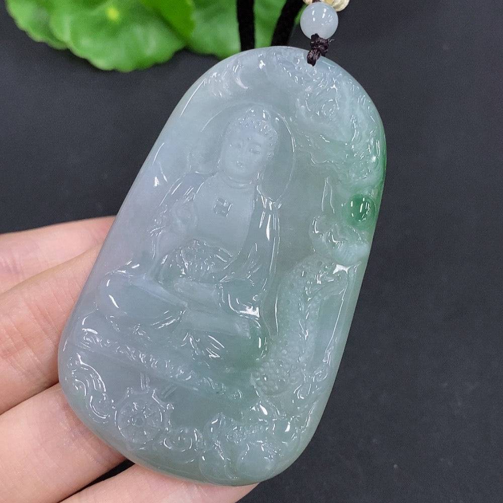 Jadeite Amitabha pendant made of green jade, featuring detailed carving, from HUILIU HQ.