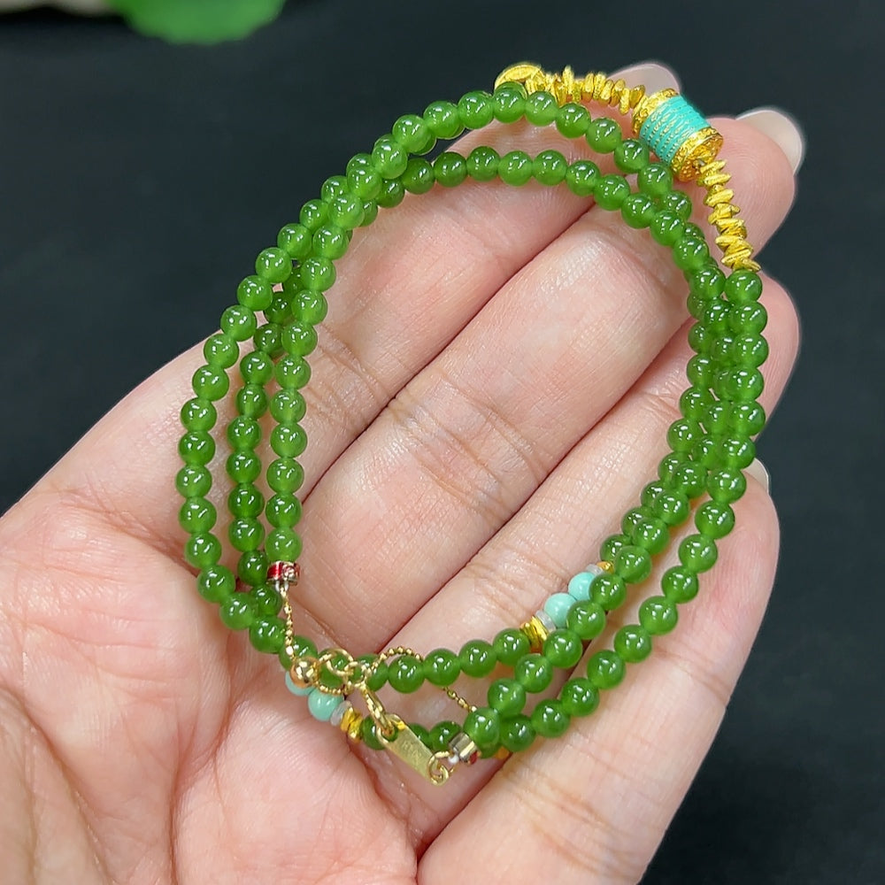 Hetian Jade Jasper Bead Necklace, approx. 3.5mm, total weight approx. 11.4g, marked red non-gold, uncertain color parts, undetectable string, rest 18k, non-Hetian Jade accessory beads