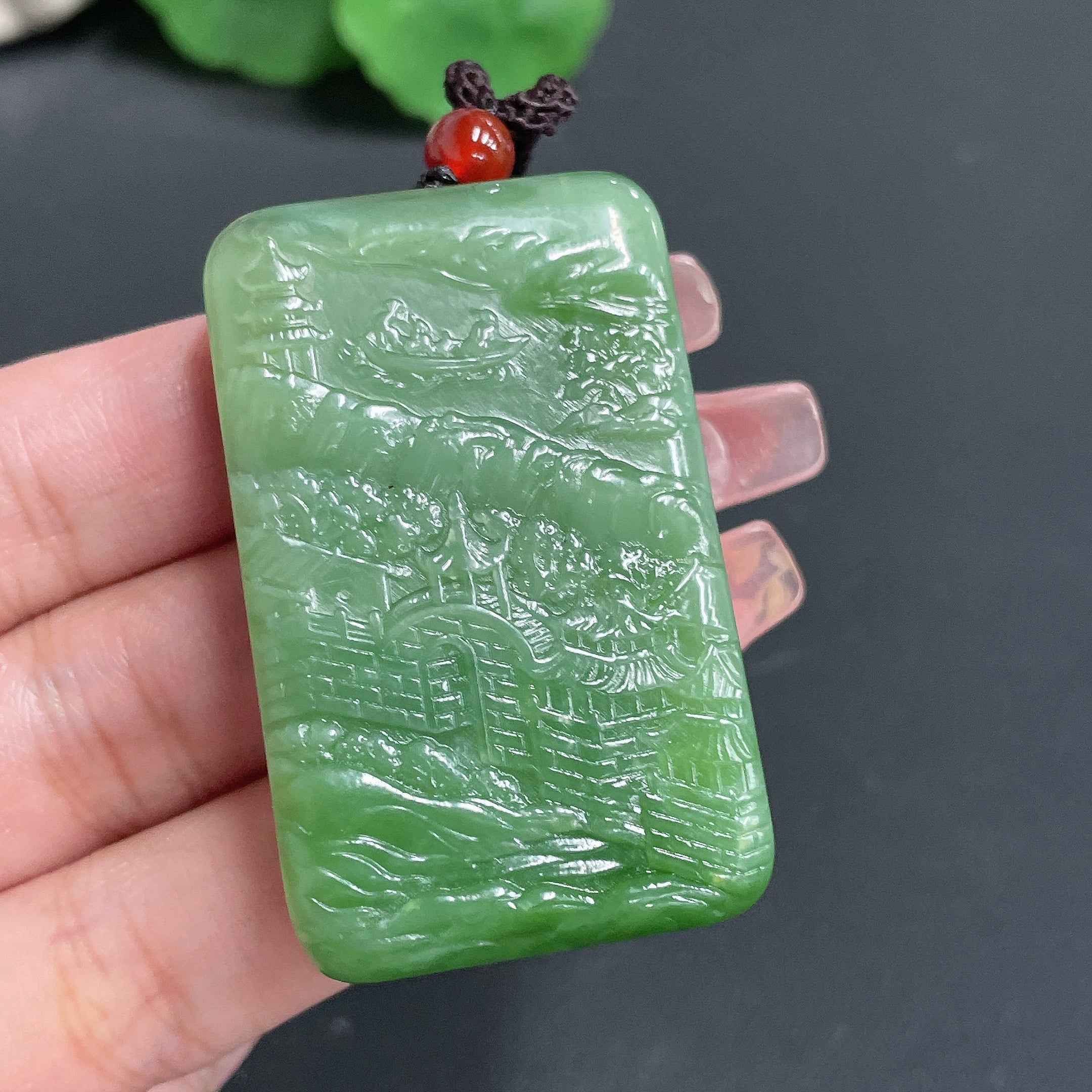 Hetian Jade Pendant Landscape Plaque with Rope Total Weight 55.12g
