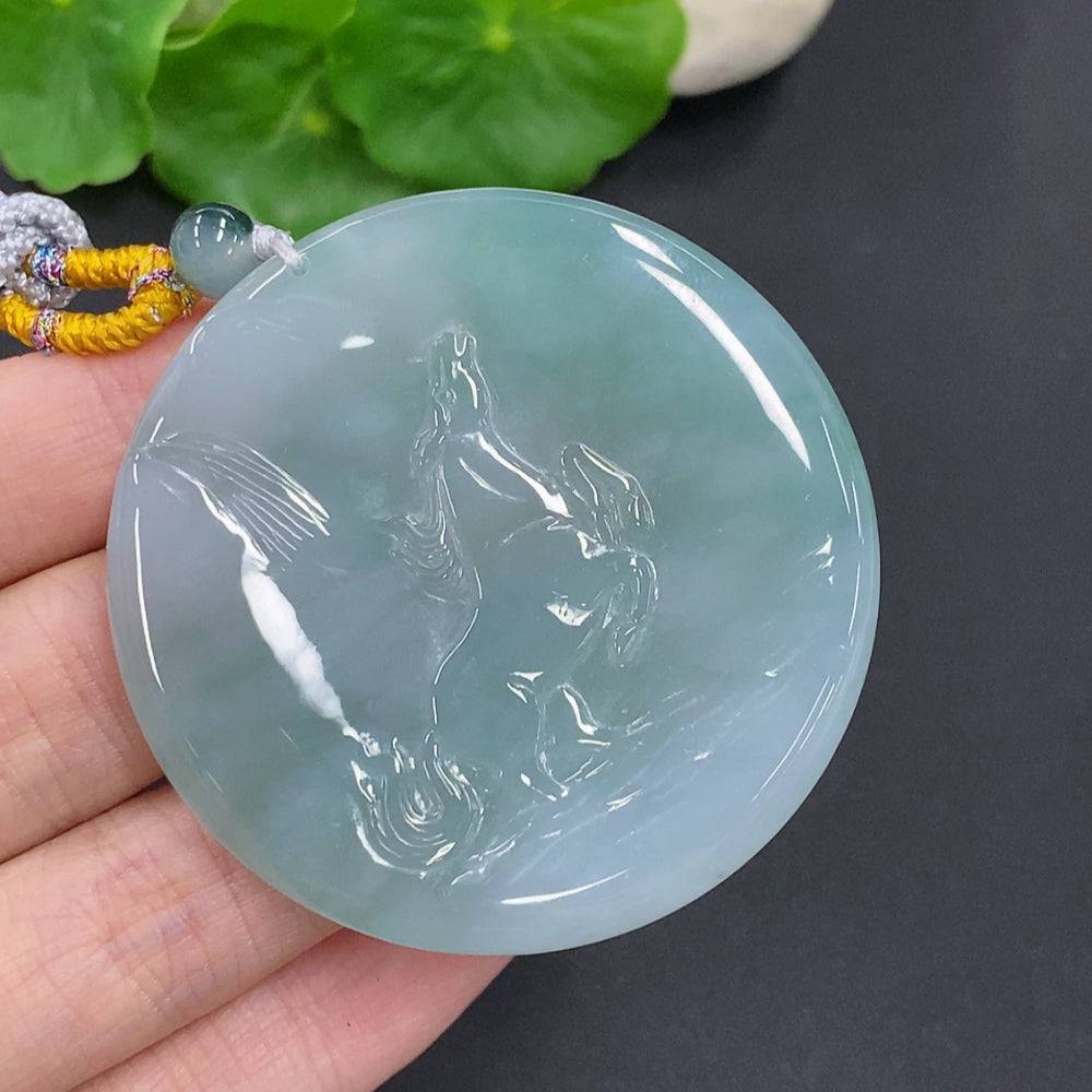 Jadeite Success Horse Pendant from HUILIU HQ with rope, approximately 43.8g, showcasing detailed jade horse design.