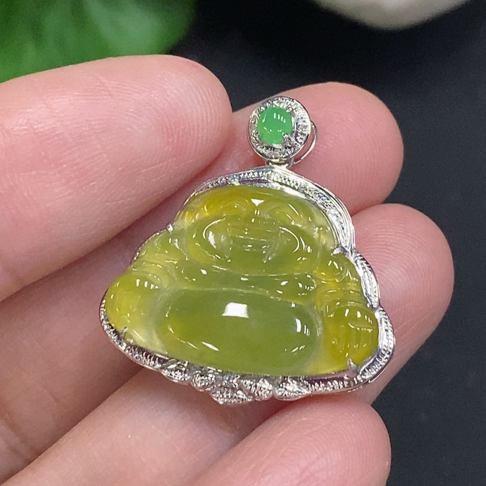 Jadeite Buddha pendant in 18K gold with diamond accents, crafted by HUILIU HQ, showcasing intricate jade carving and gold setting.
