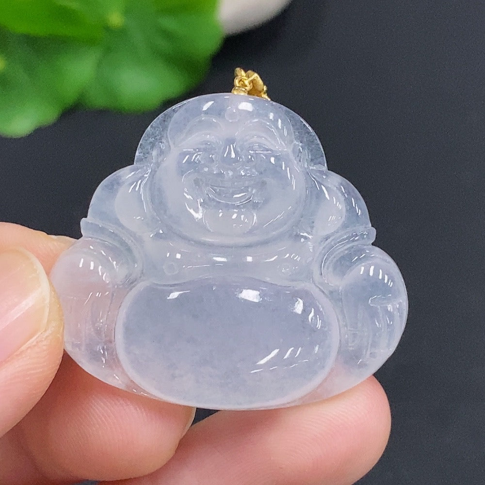 Jadeite Buddha pendant with 18k gold clasp, weighing approximately 10g, featuring a detailed Buddha design on smooth green jade.